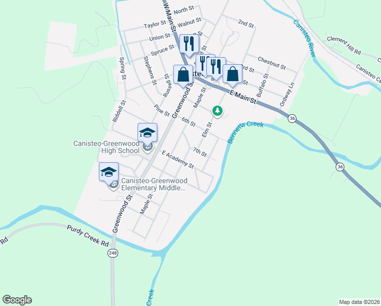 map of restaurants, bars, coffee shops, grocery stores, and more near 2 7th St in Canisteo