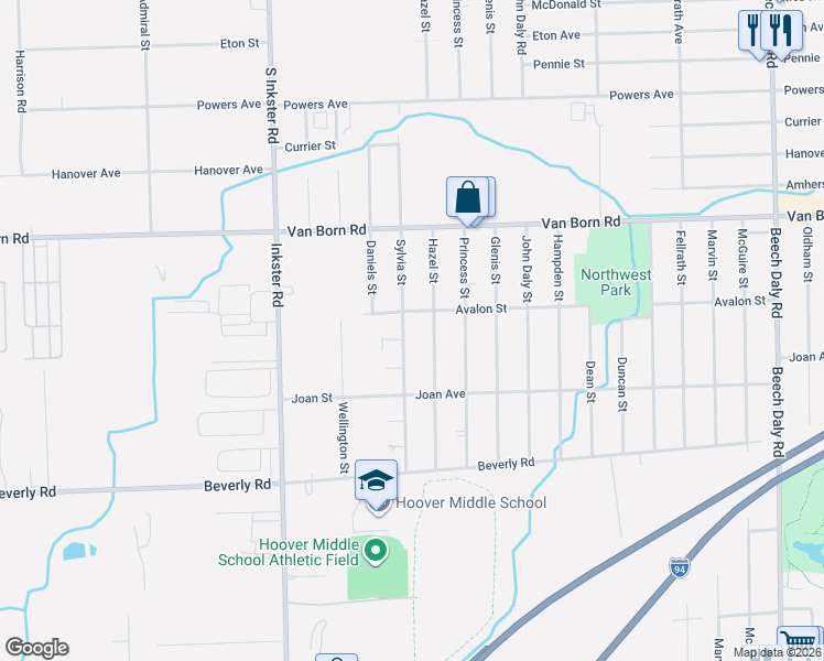 map of restaurants, bars, coffee shops, grocery stores, and more near 6035 Sylvia Street in Taylor