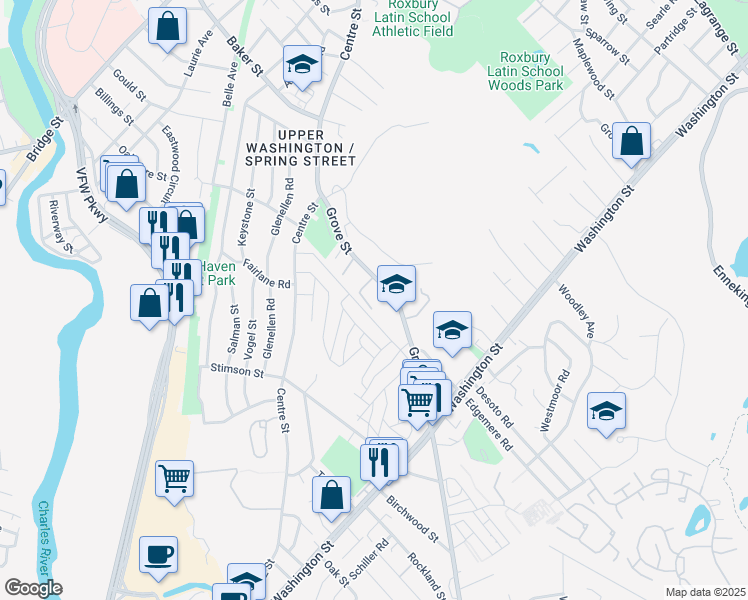 map of restaurants, bars, coffee shops, grocery stores, and more near 121 Grove Street in Boston