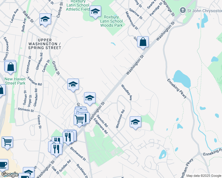 map of restaurants, bars, coffee shops, grocery stores, and more near 5051 Washington Street in Boston