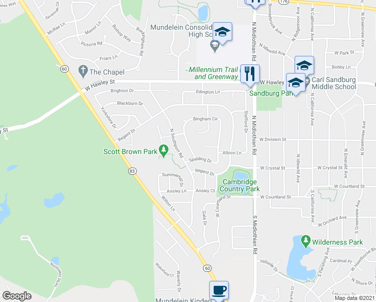 map of restaurants, bars, coffee shops, grocery stores, and more near 128 Bingham Circle in Mundelein