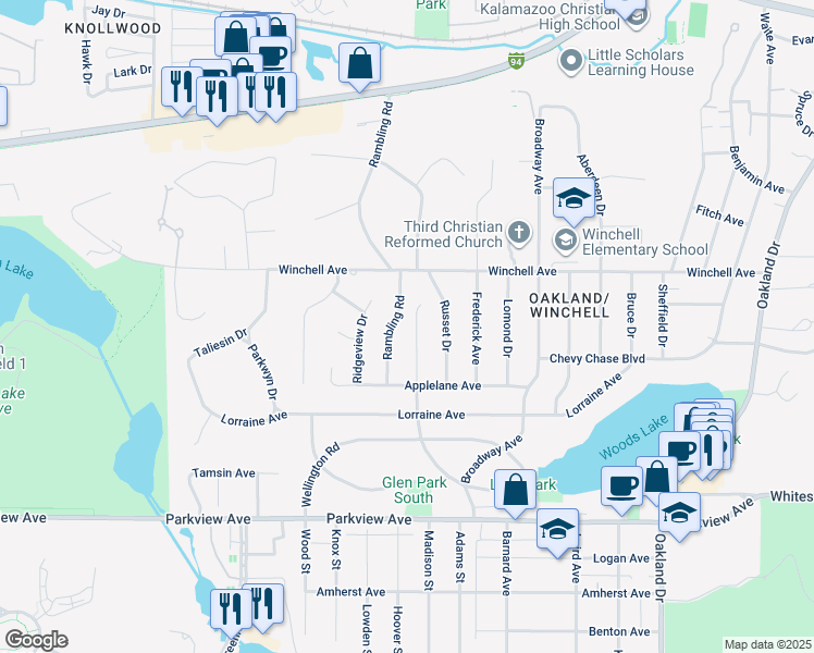 map of restaurants, bars, coffee shops, grocery stores, and more near 2528 Ferdon Road in Kalamazoo