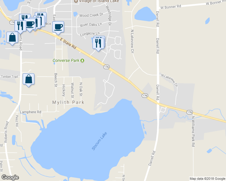 map of restaurants, bars, coffee shops, grocery stores, and more near 4300 Shooting Star Drive in Island Lake