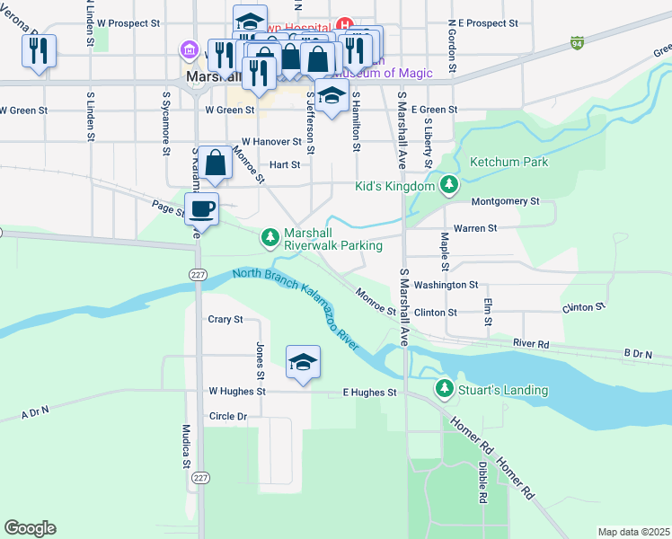 map of restaurants, bars, coffee shops, grocery stores, and more near 209 Walnut Street in Marshall
