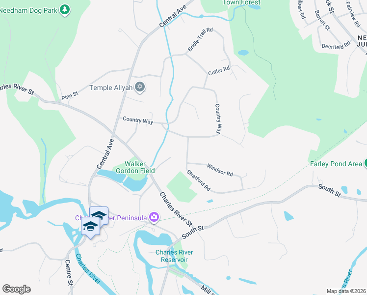 map of restaurants, bars, coffee shops, grocery stores, and more near 19 Stratford Road in Needham