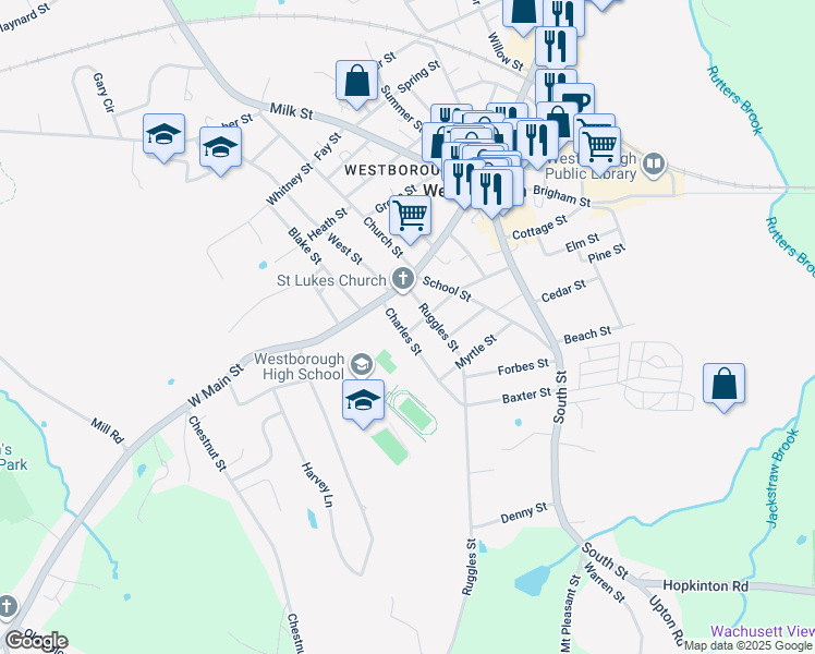 map of restaurants, bars, coffee shops, grocery stores, and more near 10 Charles Street in Westborough