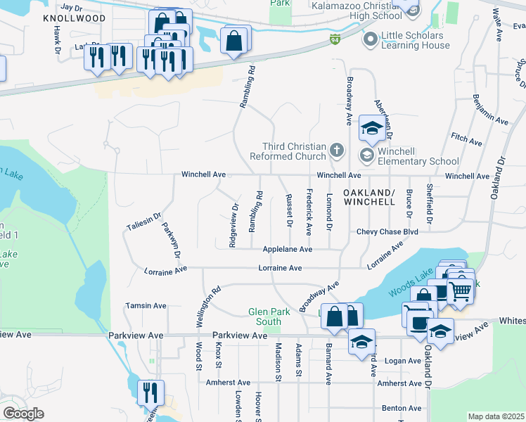 map of restaurants, bars, coffee shops, grocery stores, and more near 2528 Ferdon Road in Kalamazoo