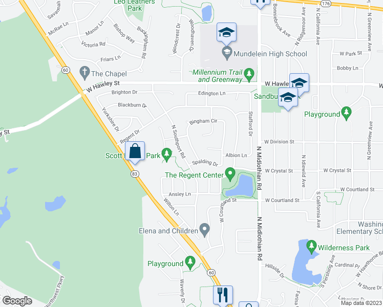 map of restaurants, bars, coffee shops, grocery stores, and more near 128 Bingham Circle in Mundelein