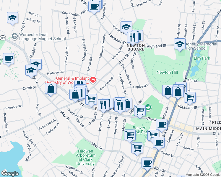 map of restaurants, bars, coffee shops, grocery stores, and more near 426 Lovell Street in Worcester