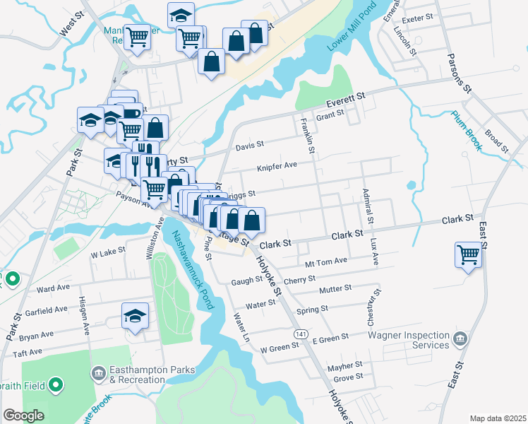 map of restaurants, bars, coffee shops, grocery stores, and more near 45 Maple Street in Easthampton