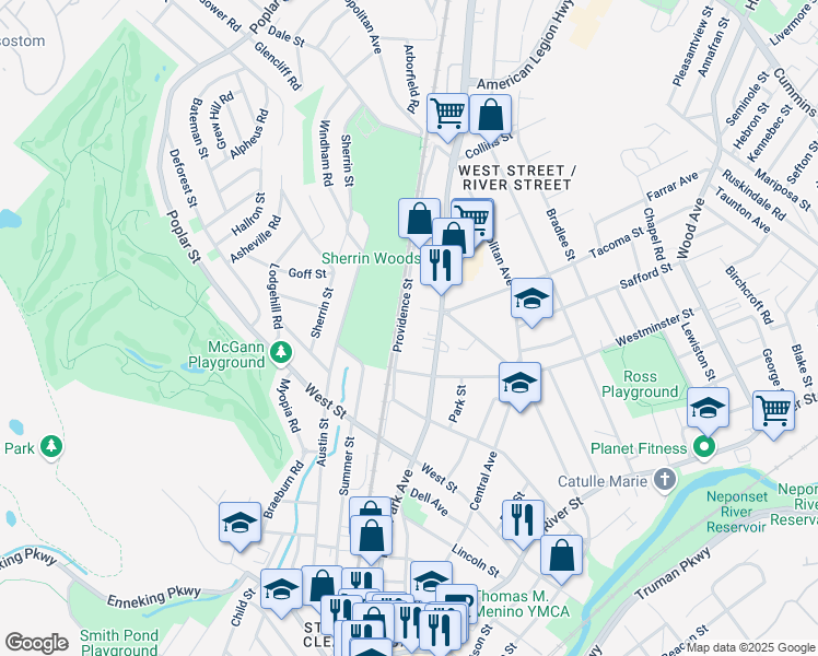 map of restaurants, bars, coffee shops, grocery stores, and more near 105 Providence Street in Boston