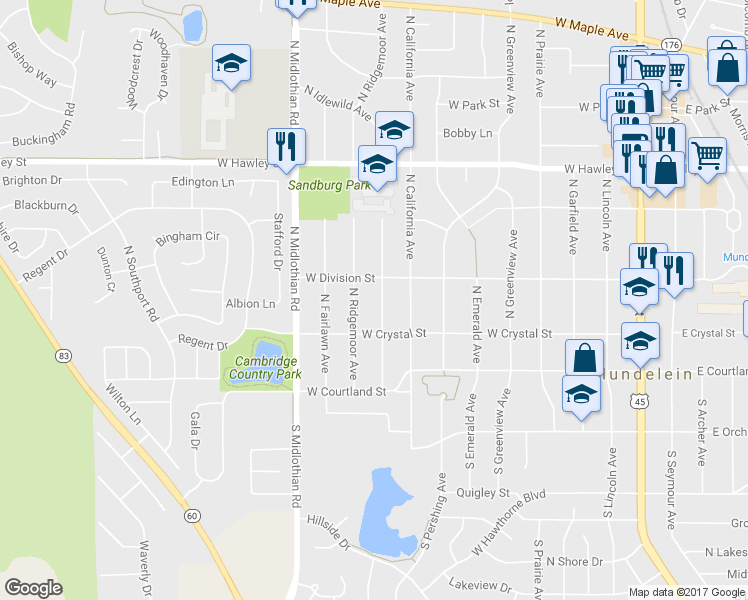 map of restaurants, bars, coffee shops, grocery stores, and more near 146 North Idlewild Avenue in Mundelein