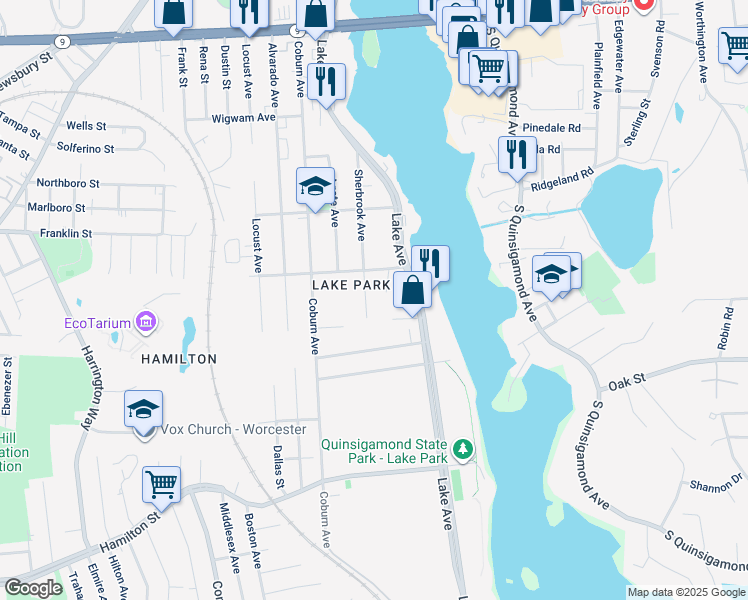 map of restaurants, bars, coffee shops, grocery stores, and more near 55 Sherbrook Avenue in Worcester