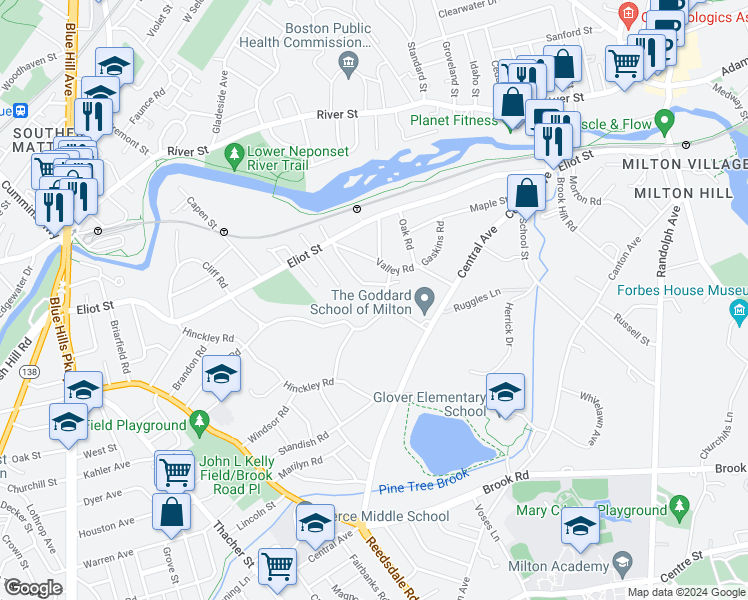 map of restaurants, bars, coffee shops, grocery stores, and more near 15 Lancaster Lane in Milton