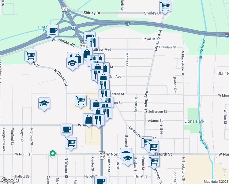 map of restaurants, bars, coffee shops, grocery stores, and more near 650 West Monroe Street in Jackson