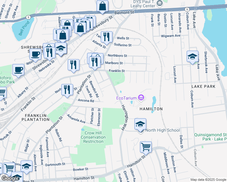 map of restaurants, bars, coffee shops, grocery stores, and more near 269 Harrington Way in Worcester