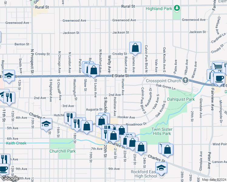 map of restaurants, bars, coffee shops, grocery stores, and more near 215 Hollister Avenue in Rockford