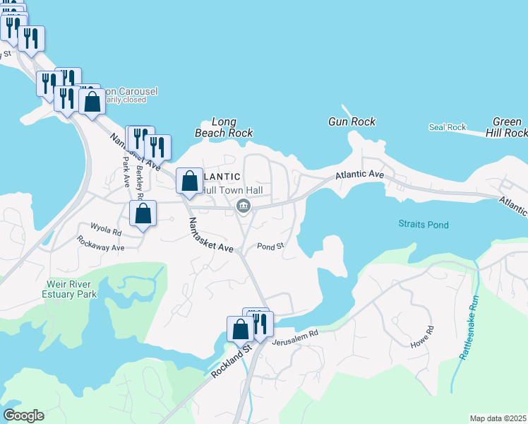map of restaurants, bars, coffee shops, grocery stores, and more near 239 Atlantic Avenue in Hull