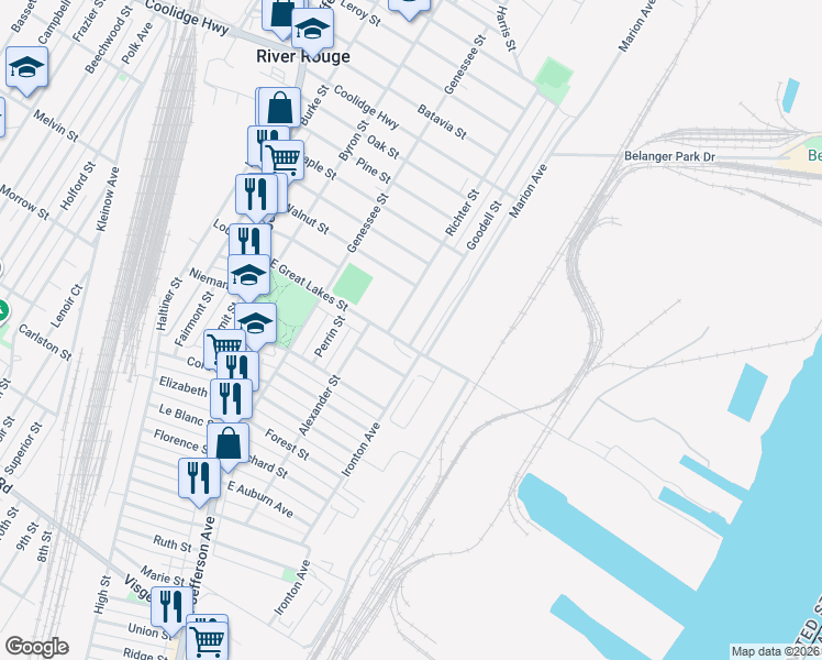 map of restaurants, bars, coffee shops, grocery stores, and more near 324 Goodell Street in River Rouge