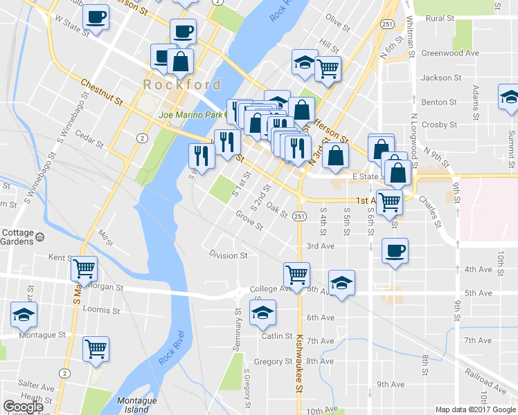 map of restaurants, bars, coffee shops, grocery stores, and more near 310 South 2nd Street in Rockford