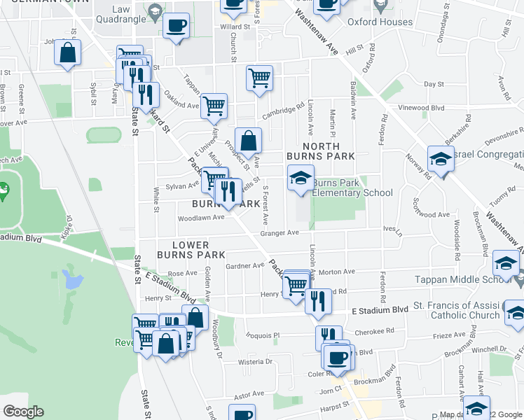 map of restaurants, bars, coffee shops, grocery stores, and more near 1312 South Forest Avenue in Ann Arbor