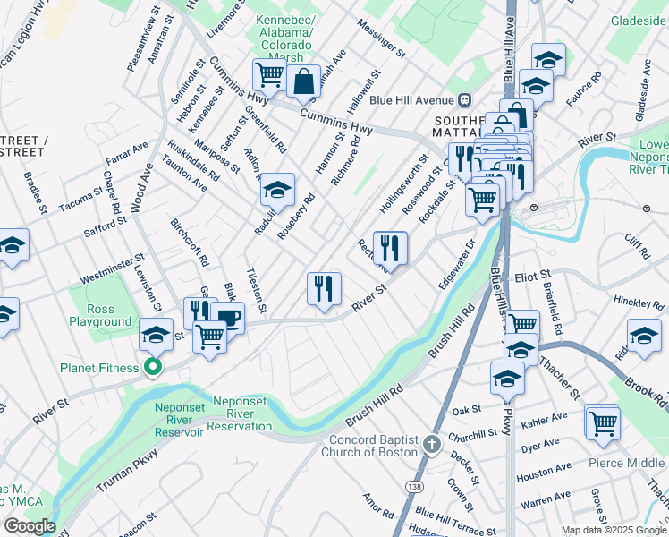 map of restaurants, bars, coffee shops, grocery stores, and more near 55 Alpine Court in Boston