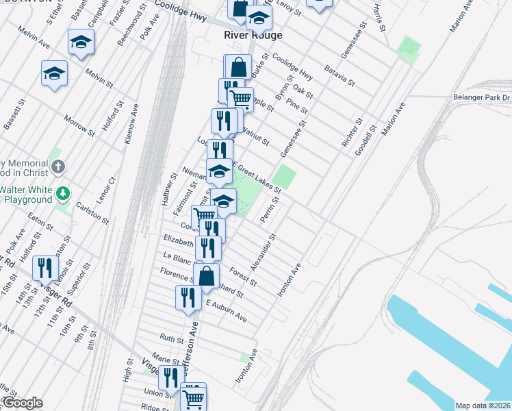 map of restaurants, bars, coffee shops, grocery stores, and more near 377 Genessee Street in River Rouge