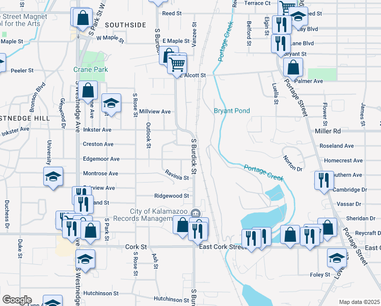 map of restaurants, bars, coffee shops, grocery stores, and more near 2518 South Burdick Street in Kalamazoo