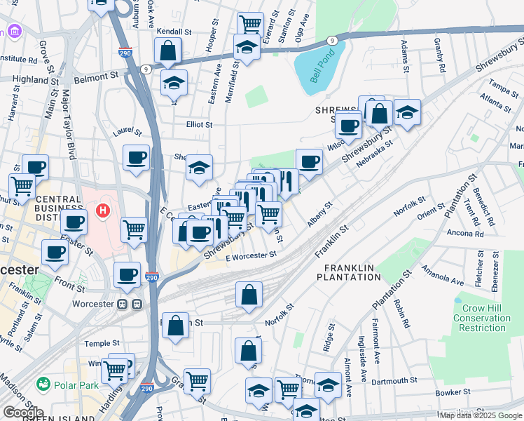 map of restaurants, bars, coffee shops, grocery stores, and more near 166 Shrewsbury Street in Worcester