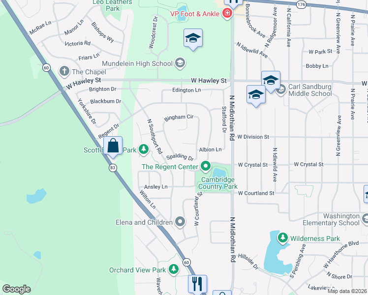 map of restaurants, bars, coffee shops, grocery stores, and more near 1327 Marlbourgh Court in Mundelein