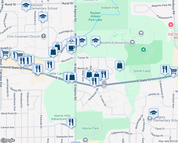 map of restaurants, bars, coffee shops, grocery stores, and more near 210 Ridgeview Avenue in Rockford