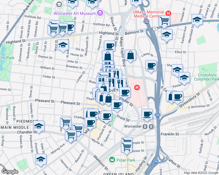 map of restaurants, bars, coffee shops, grocery stores, and more near 327 Main Street in Worcester