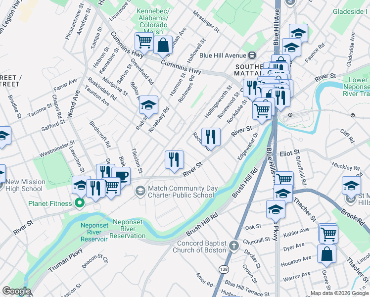 map of restaurants, bars, coffee shops, grocery stores, and more near 41 Suncrest Road in Boston