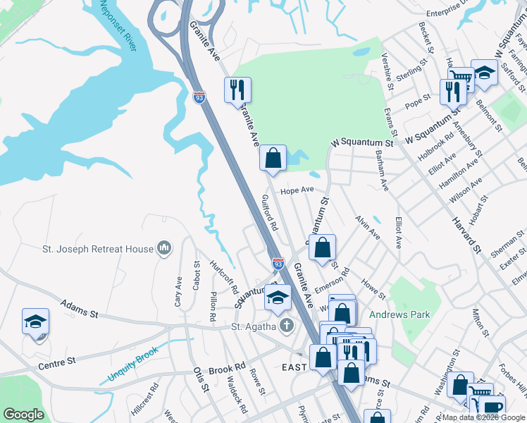 map of restaurants, bars, coffee shops, grocery stores, and more near 35 Guilford Road in Milton
