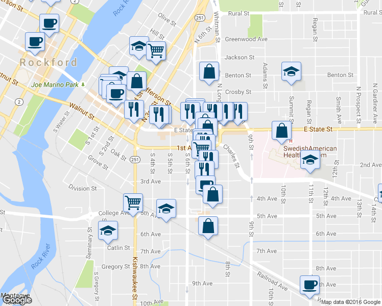 map of restaurants, bars, coffee shops, grocery stores, and more near 210 S 6th St in Rockford
