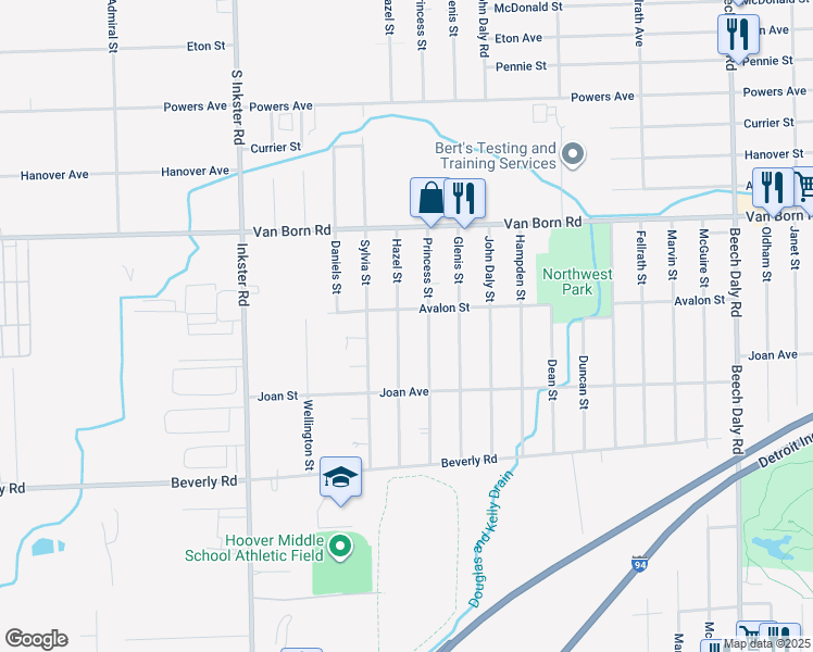 map of restaurants, bars, coffee shops, grocery stores, and more near 6029 Hazel Street in Taylor