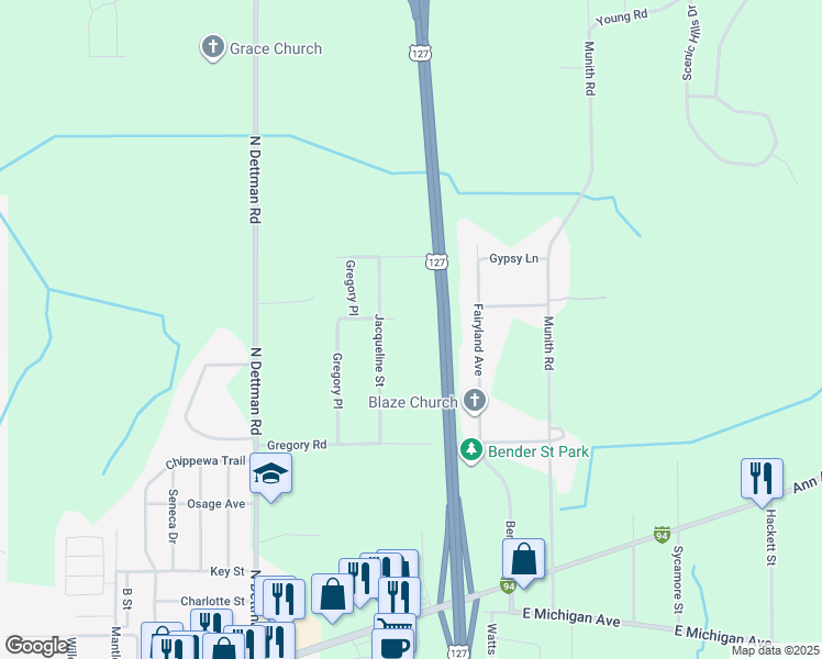 map of restaurants, bars, coffee shops, grocery stores, and more near U.S. 127 in Jackson