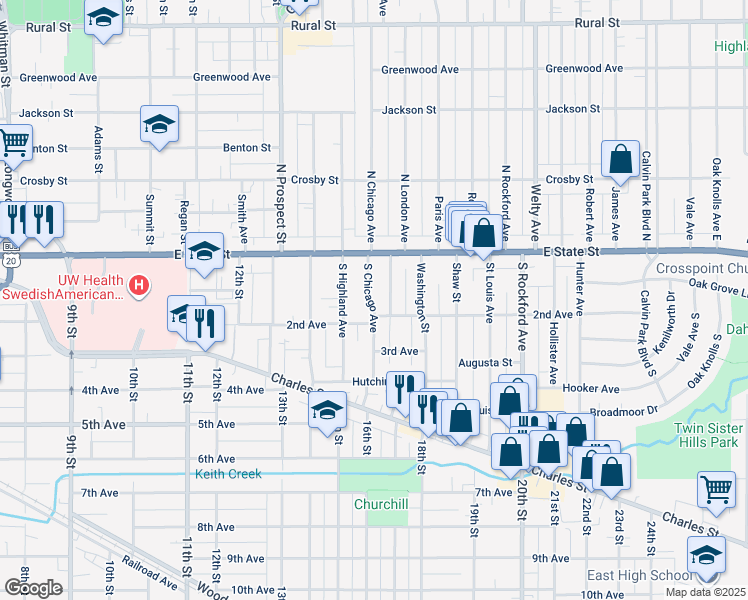map of restaurants, bars, coffee shops, grocery stores, and more near 216 South Chicago Avenue in Rockford