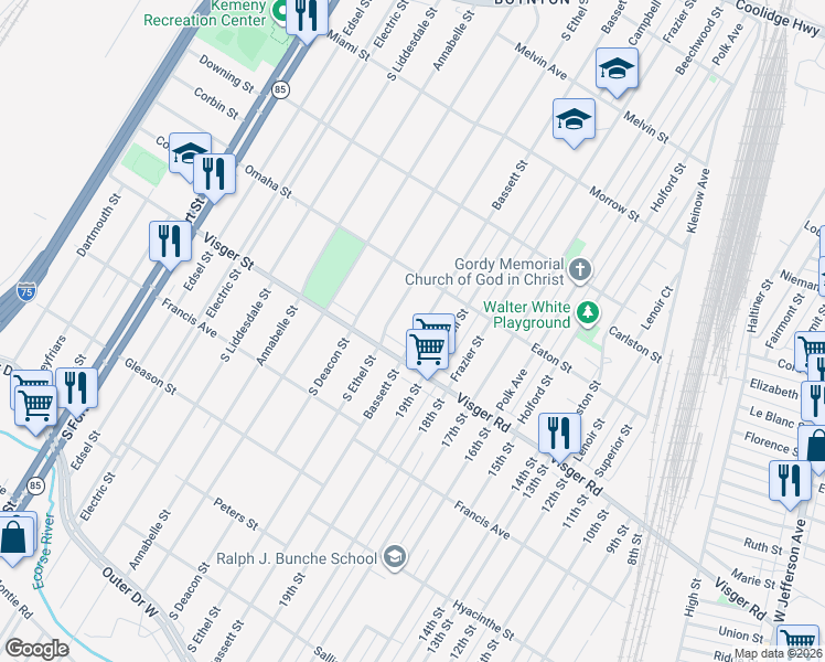 map of restaurants, bars, coffee shops, grocery stores, and more near 2687 Bassett Street in Detroit