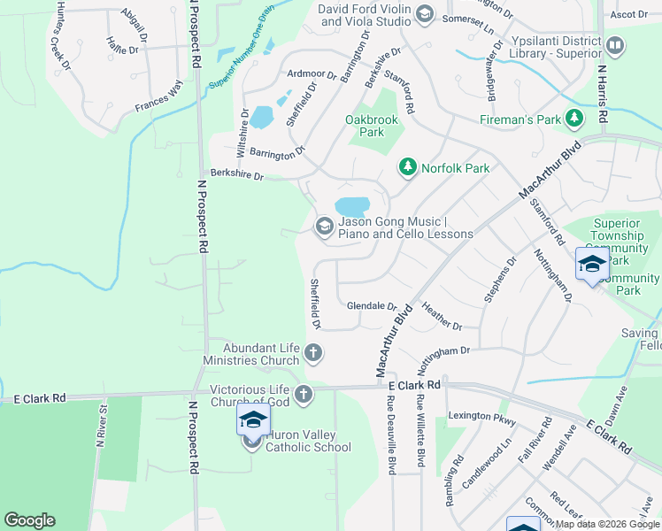 map of restaurants, bars, coffee shops, grocery stores, and more near 1692 Sheffield Drive in Superior Charter Township
