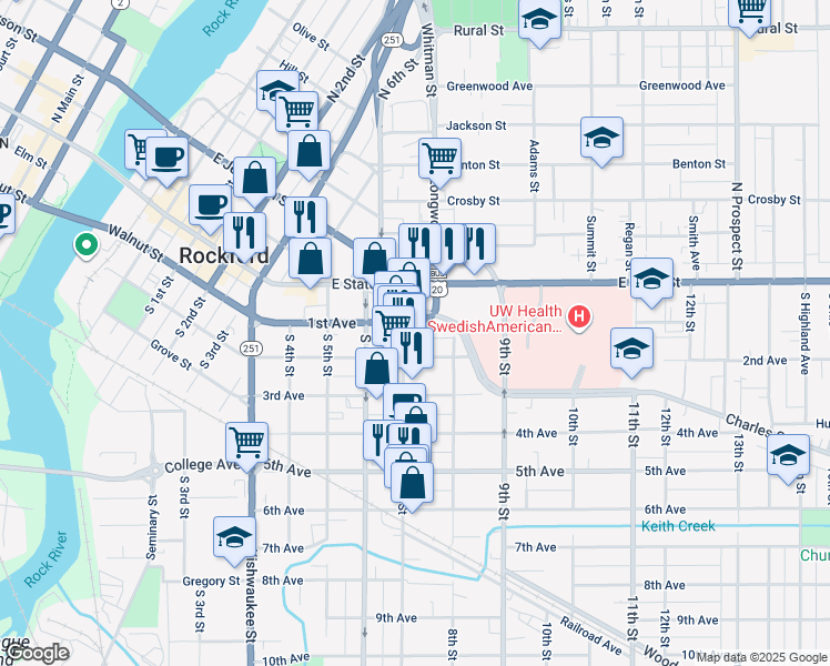 map of restaurants, bars, coffee shops, grocery stores, and more near 208 7th St in Rockford