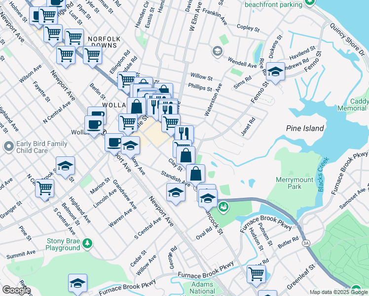 map of restaurants, bars, coffee shops, grocery stores, and more near 19 Merrymount Avenue in Quincy