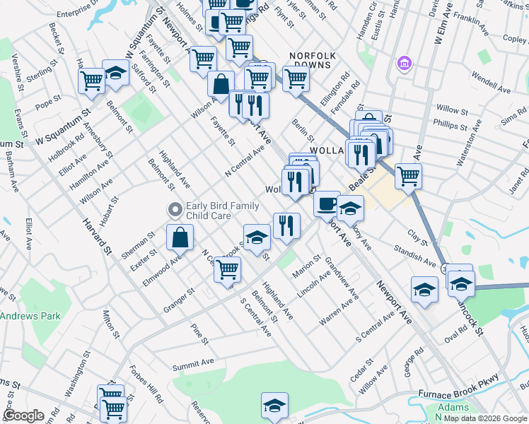 map of restaurants, bars, coffee shops, grocery stores, and more near 275 Farrington Street in Quincy