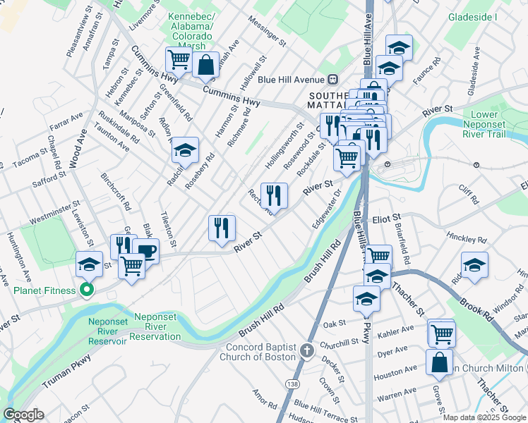 map of restaurants, bars, coffee shops, grocery stores, and more near 16 Rector Road in Boston