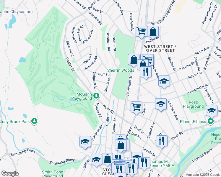 map of restaurants, bars, coffee shops, grocery stores, and more near 174 Sherrin Street in Boston