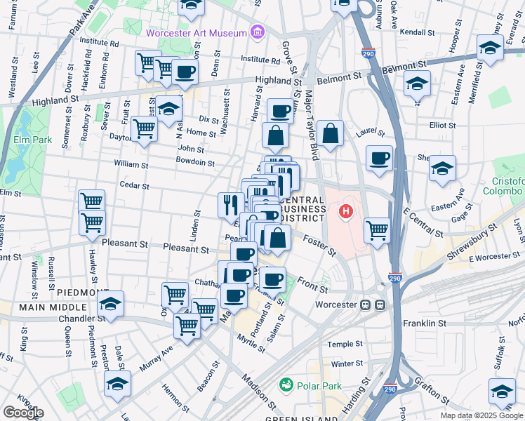 map of restaurants, bars, coffee shops, grocery stores, and more near 332 Main Street in Worcester