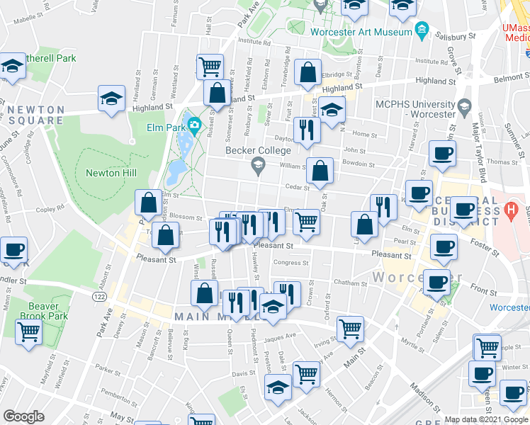 map of restaurants, bars, coffee shops, grocery stores, and more near 82 Elm Street in Worcester
