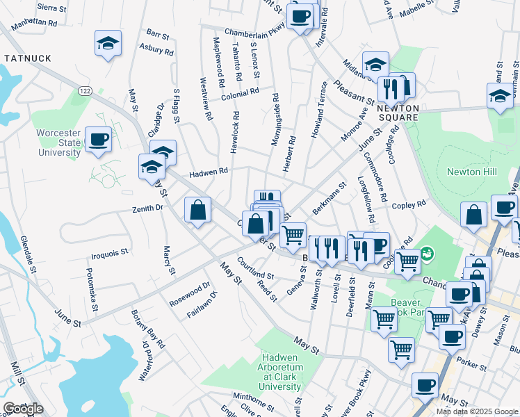 map of restaurants, bars, coffee shops, grocery stores, and more near 10 Fiske Street in Worcester