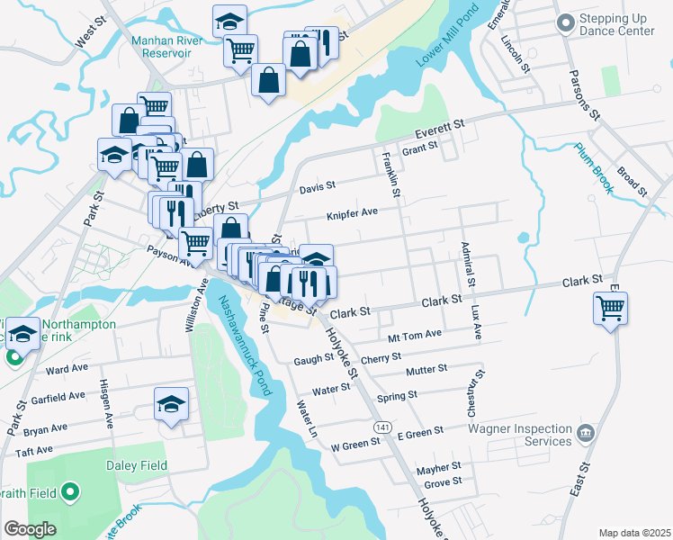 map of restaurants, bars, coffee shops, grocery stores, and more near 45 Maple Street in Easthampton