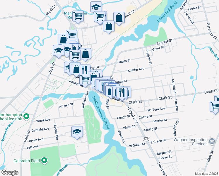 map of restaurants, bars, coffee shops, grocery stores, and more near 3 Adams Street in Easthampton